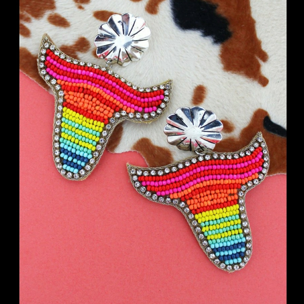 🌈 Free Spirit Boho Southwestern People Rainbow seedbead Statement Earrings